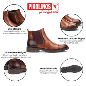 Pikolinos Men's Brown Leather Zip Chelsea Ankle Boots - York