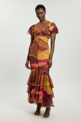 Abstract Print Ruffle Sleeve Button Through Midi Dress