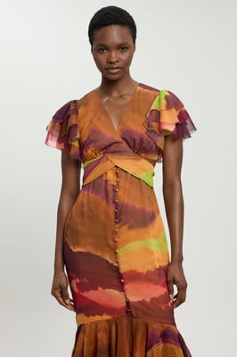 Abstract Print Ruffle Sleeve Button Through Midi Dress