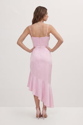 Premium Satin Draped Bust Frill Hem Midi Dress