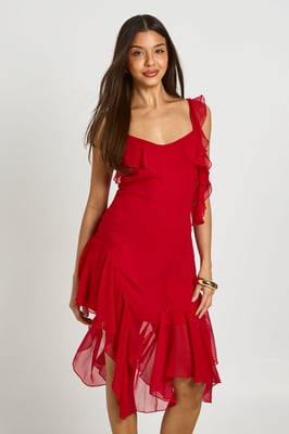 Chiffon Ruffle Detail Asymmetric Midi Dress