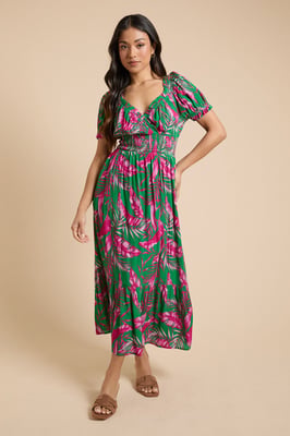 Petite Palm Shirred Waist Tiered Hem Midi Dress