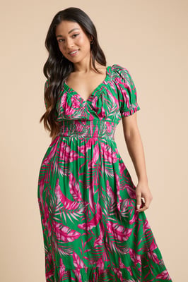 Petite Palm Shirred Waist Tiered Hem Midi Dress
