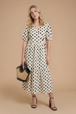 Mono Spot Wrap Front Puff Sleeve Tiered Maxi Dress