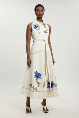 Floral Applique Belted Midi Dress