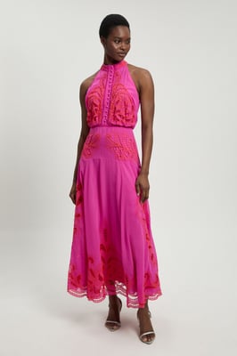 Georgette Placed Cutwork Halter Woven Midi Dress