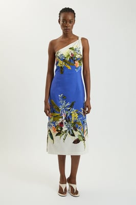 Placement Print Linen Viscose One Shoulder Midi Dress