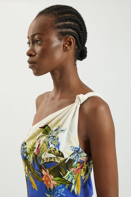 Placement Print Linen Viscose One Shoulder Midi Dress