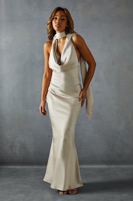 Satin Cowl Wrap Neck Maxi Dress