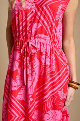 Pink Tropical Sleeveless Drawstring Waist Tiered Maxi Dress