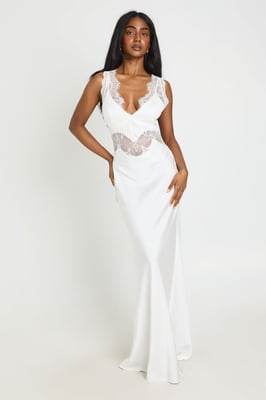 Crinkle Textured Satin & Lace Maxi Dress
