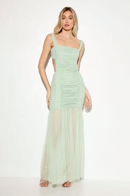 Open Back Mesh Ruched Maxi Dress