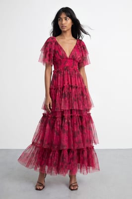 Tulle Floral Plunge Neck Flutter Sleeve Tier Maxi Dress