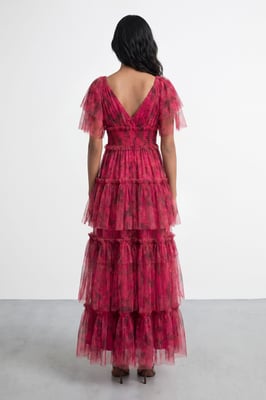 Tulle Floral Plunge Neck Flutter Sleeve Tier Maxi Dress