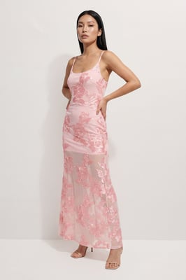 Floral Textured Sheer Scoop Neck Bias Maxi