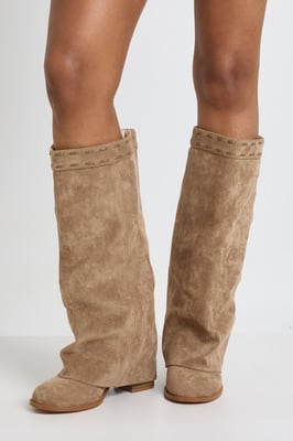 Wide Fit Fold Over Block Heel Knee High Boots
