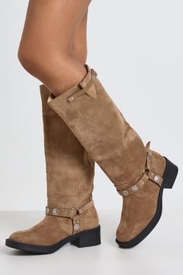Wide Fit Western Style Buckle Detail Knee High Boots