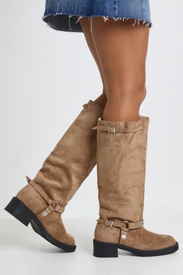 Wide Fit Western Style Buckle Detail Knee High Boots