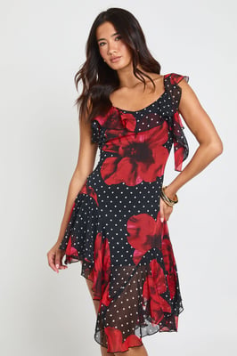 Chiffon Floral Ruffle Detail Asymmetric Midi Dress