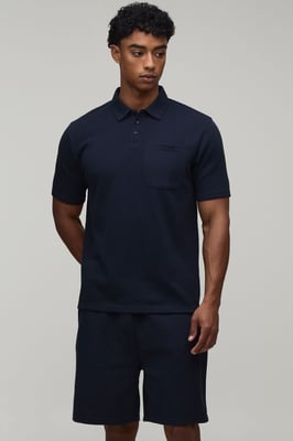 Regular Fit Waffle Button Neck Pocket Polo & Shorts Set