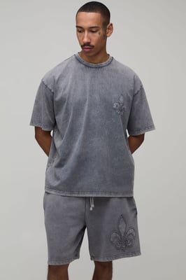 Oversized Gothic Fleur De Lis Applique Washed T-Shirt & Baggy Short Set