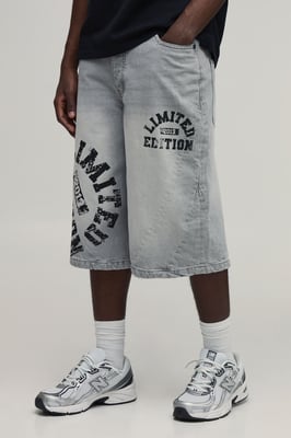 Longline Varsity Print Contrast Denim Jorts