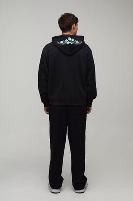 Oversized Boxy Floral Embroidered Zip Through Hoodie