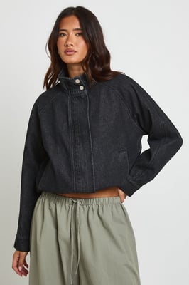 Funnel Neck Denim Bomber Jacket
