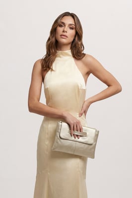 Gold Oversized Faux Metallic Leather Look Clutch Bag with Handle