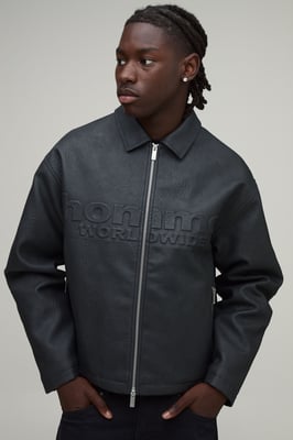 Boxy Fit Embossed Homme PU Harrington Jacket