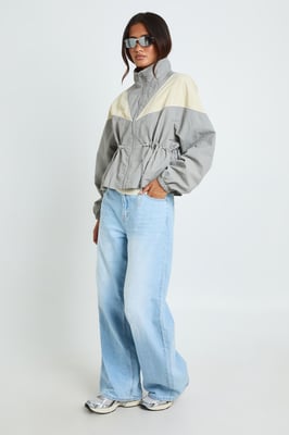 Cinched Waist Panelled Funnel Neck Jacket