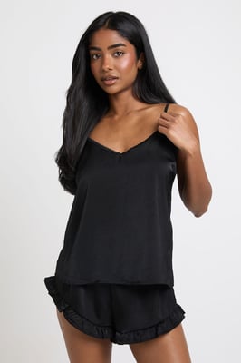 Satin Cami & Frill Detail Short Pyjama Set