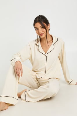 Soft Rib Piping Detail Long Sleeve Shirt & Trouser Pyjama Set