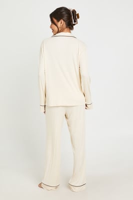 Soft Rib Piping Detail Long Sleeve Shirt & Trouser Pyjama Set
