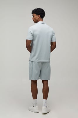 Regular Fit Waffle Button Neck Pocket Polo & Shorts Set