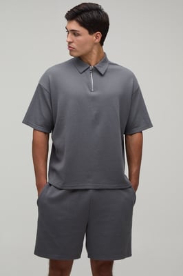 Oversized Boxy Waffle Zip Neck Polo & Baggy Shorts Set