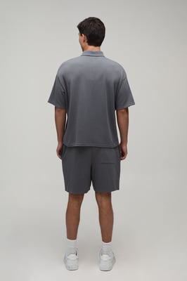 Oversized Boxy Waffle Zip Neck Polo & Baggy Shorts Set