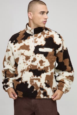 Oversized Boxy Borg Cow Print Quarter Zip Funnel Sweatshirt