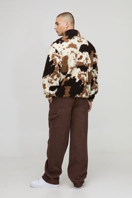 Oversized Boxy Borg Cow Print Quarter Zip Funnel Sweatshirt