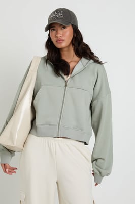 Washed Boxy Balloon Sleeve Oversized Zip Through Hoodie