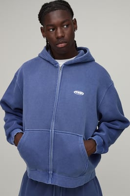 Oversized Boxy Man Sport Washed Zip Through Hoodie
