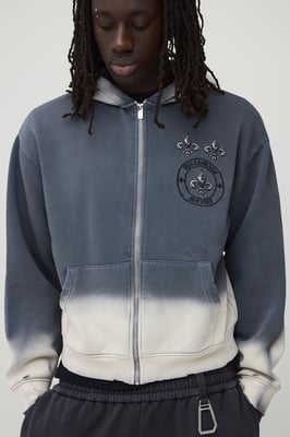 Oversized Boxy Gothic Embroidered Washed Distressed Zip Through Hoodie