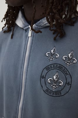 Oversized Boxy Gothic Embroidered Washed Distressed Zip Through Hoodie