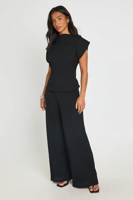 Petite Crinkle Tie Back Top Wide Leg Trouser Co ord