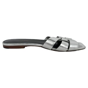 Saint Laurent Tribute Woven Metallic Slides in Silver Leather