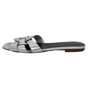 Saint Laurent Tribute Woven Metallic Slides in Silver Leather