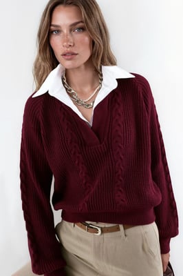 Patterned Knit Sweater with Shirt Collar