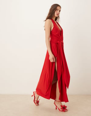 Abercrombie & Fitch halterneck lyft jersey knutfront maxi klänning i röd