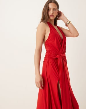 Abercrombie & Fitch halterneck lyft jersey knutfront maxi klänning i röd