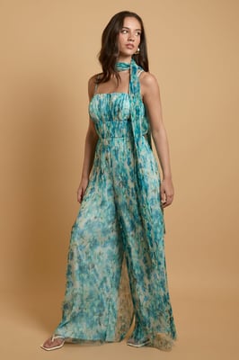 Corset Detail Pleated Mesh Jumpsuit